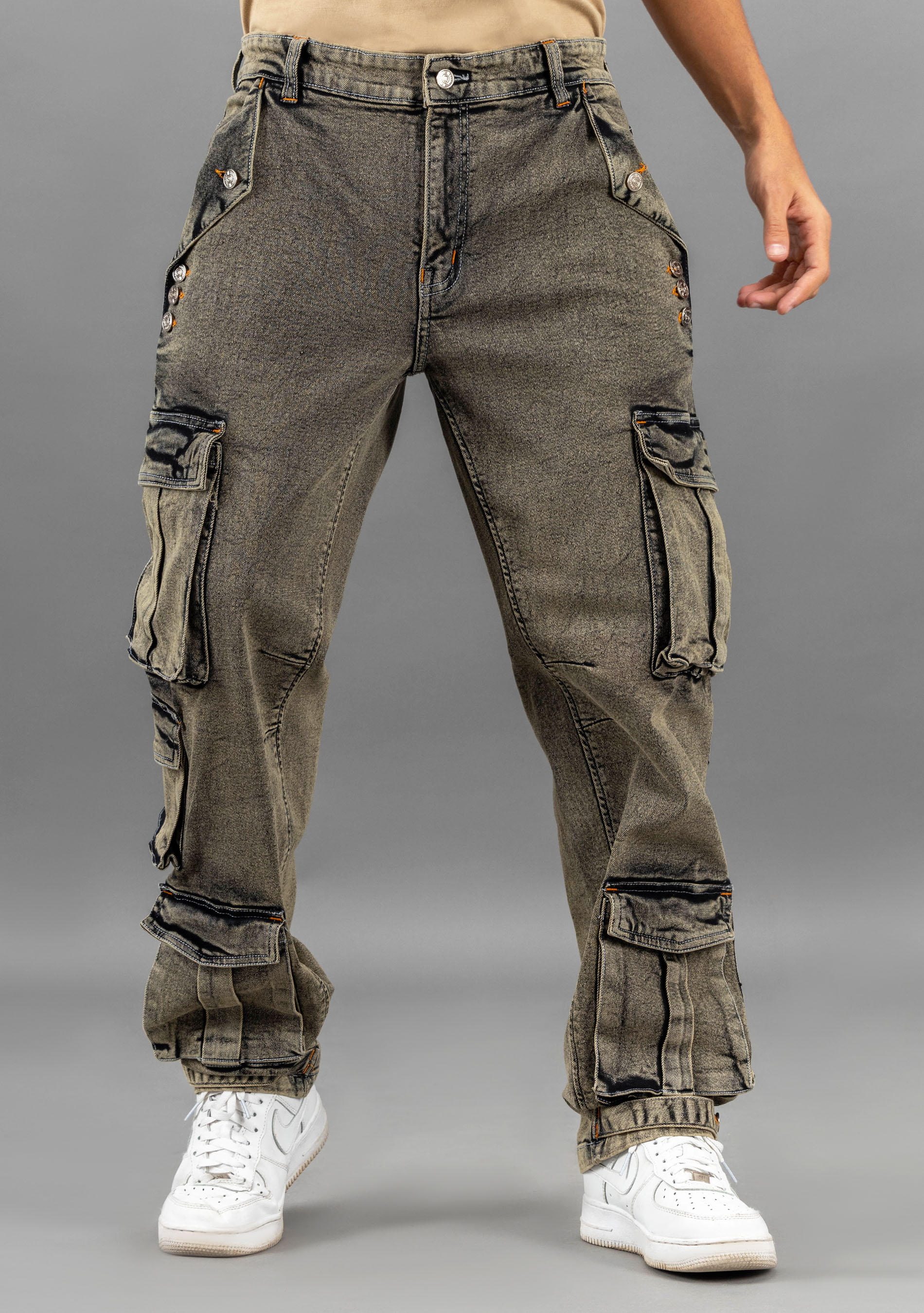 Greenish Grey Straight Fit Men's Cargo Style Jeans - Buy Online at Best ...