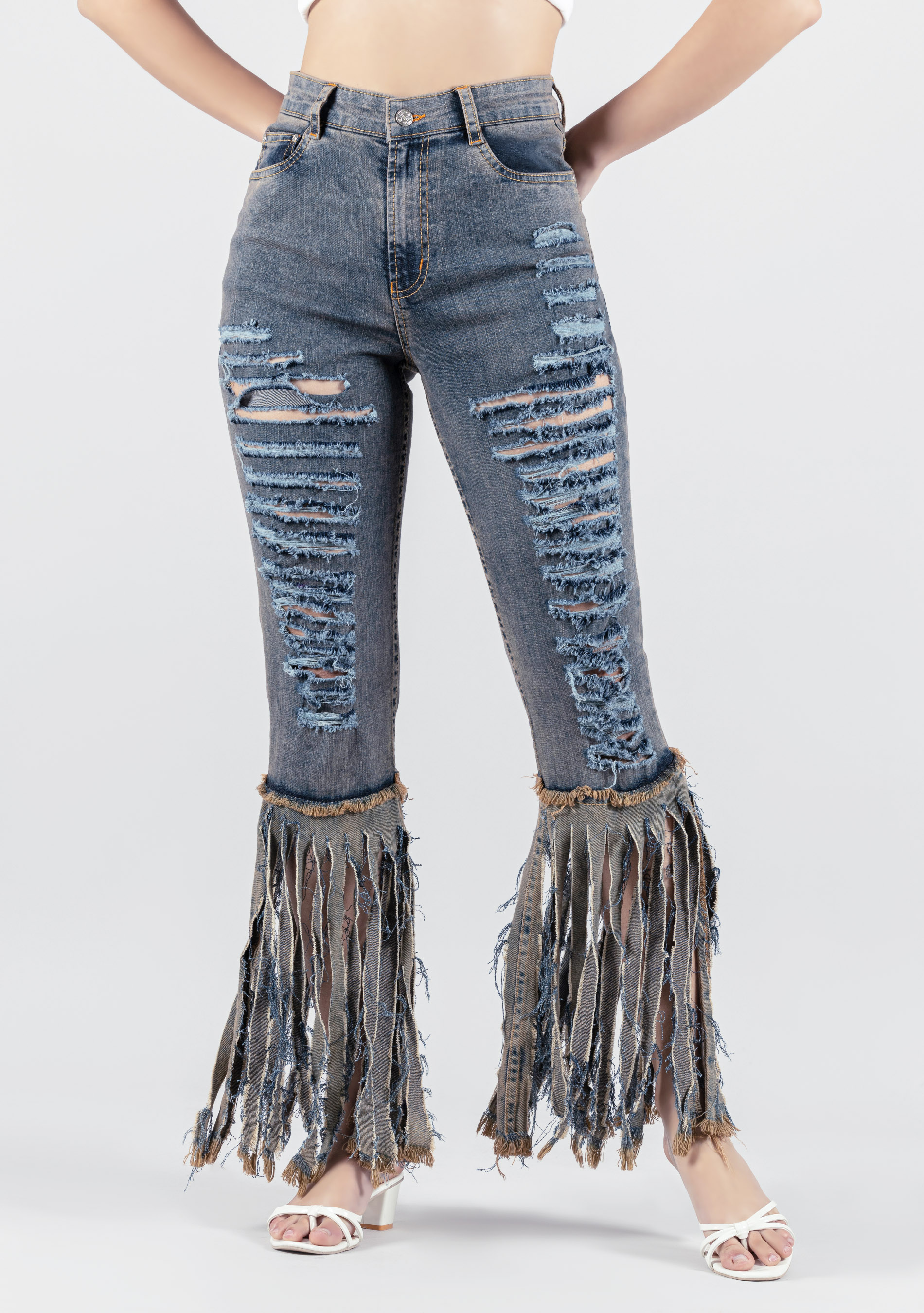 Womens fashion jeans with fringe on bottom