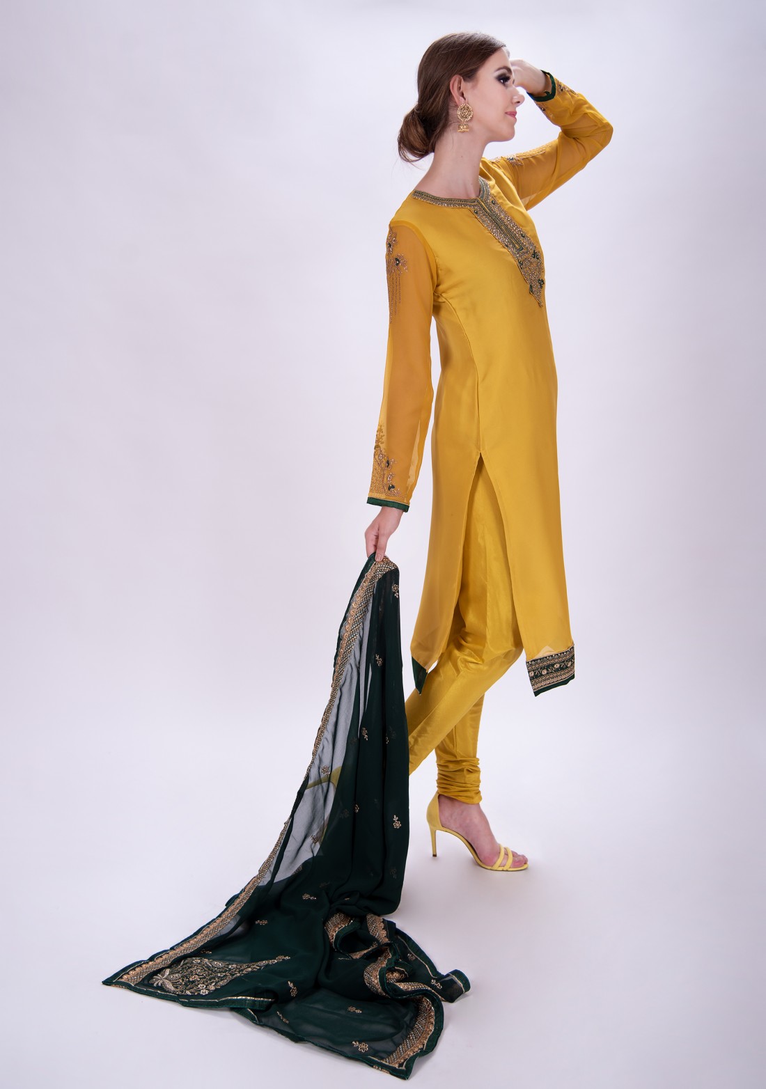 Yellow Kurta with Skirt and Churidar