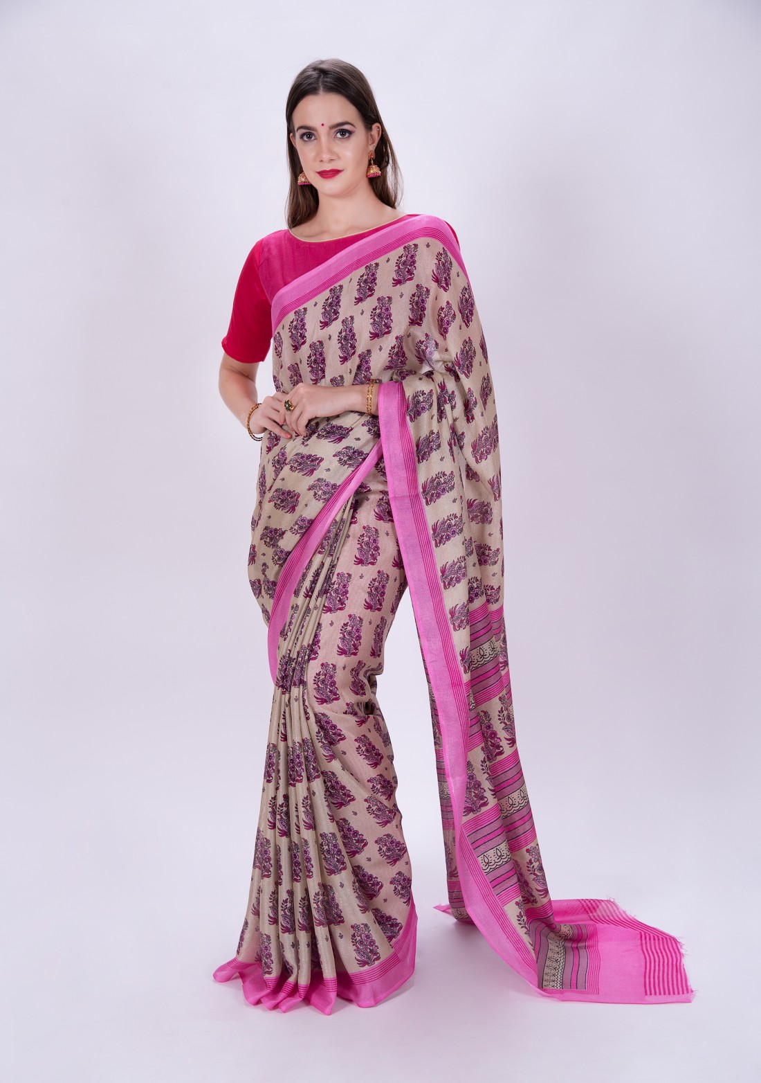 Printed Beige and Pink Poly Linen Saree