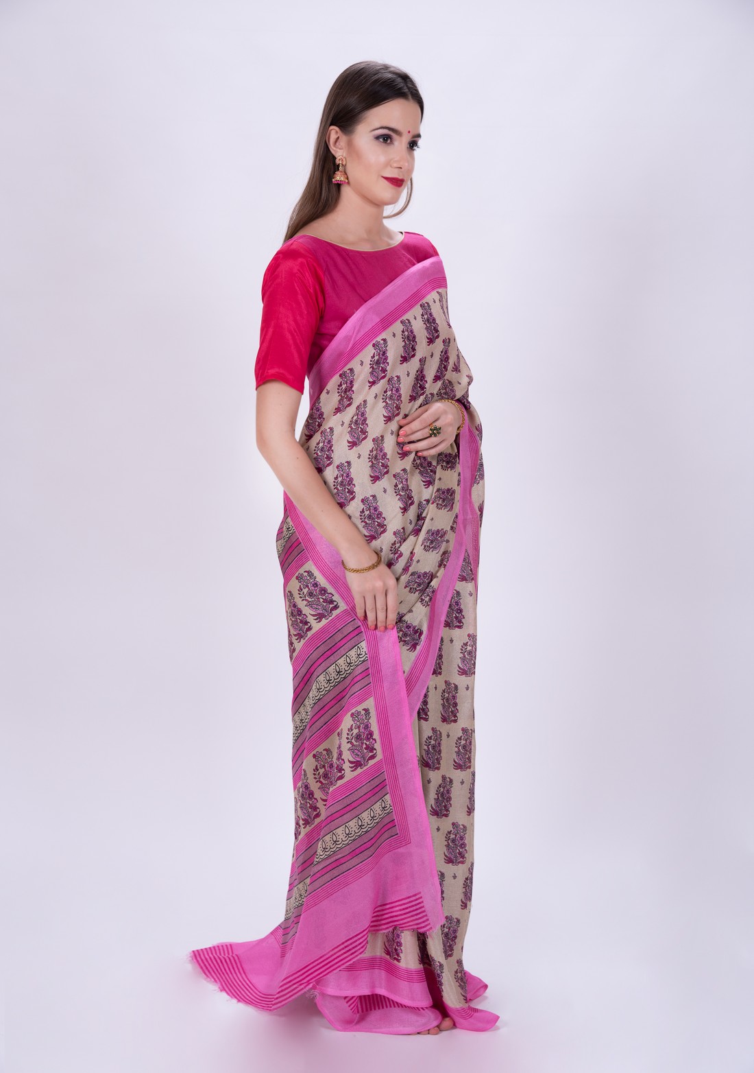 Printed Beige and Pink Poly Linen Saree
