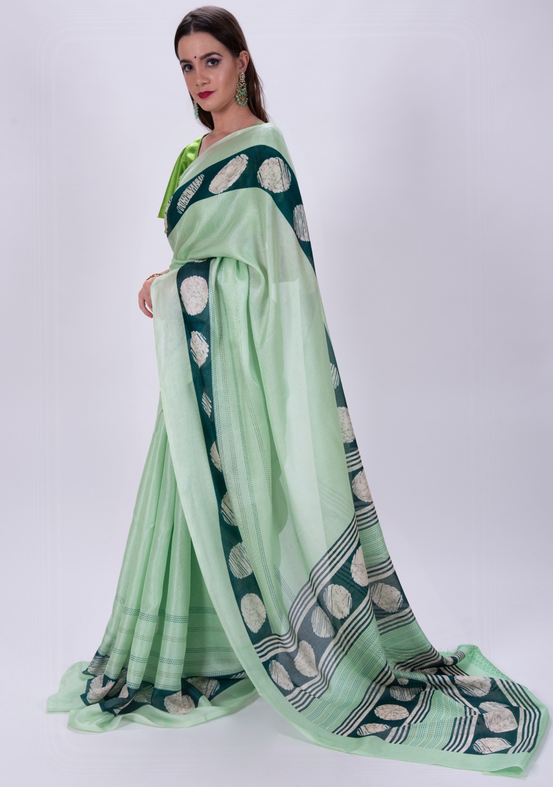 Light Green Printed Linen Saree