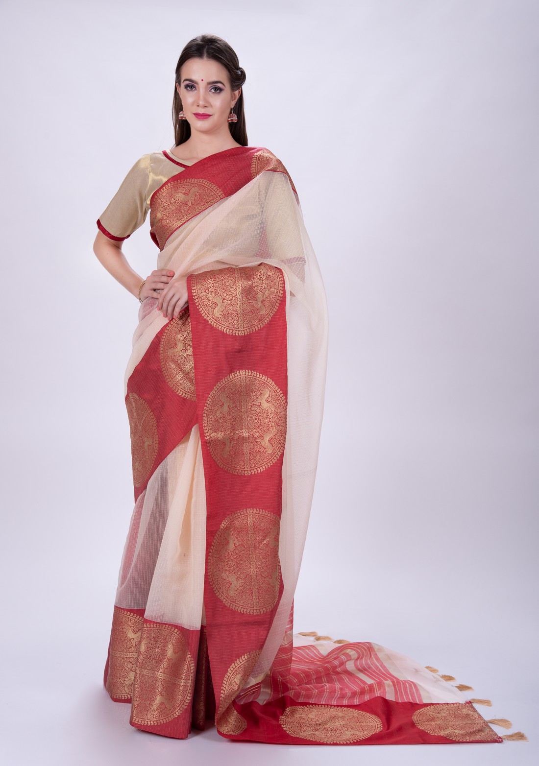 White Art Silk Striped Chanderi Saree