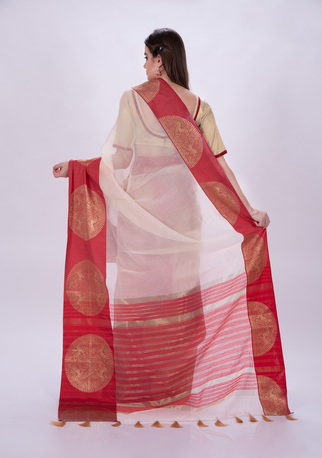 White Art Silk Striped Chanderi Saree