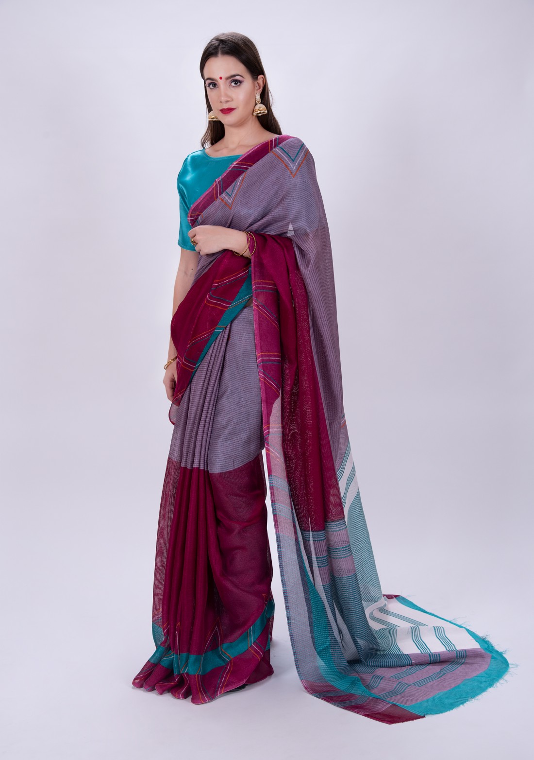 Multi Colour Printed Linen Saree
