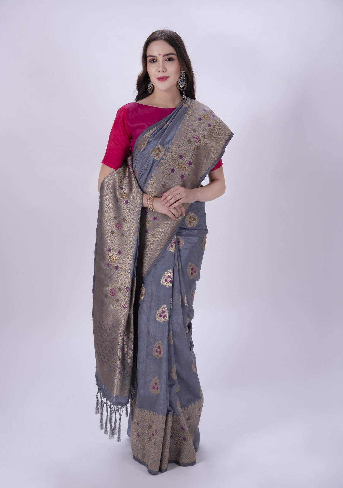 Grey Color Silk Blend Banarasi Saree
