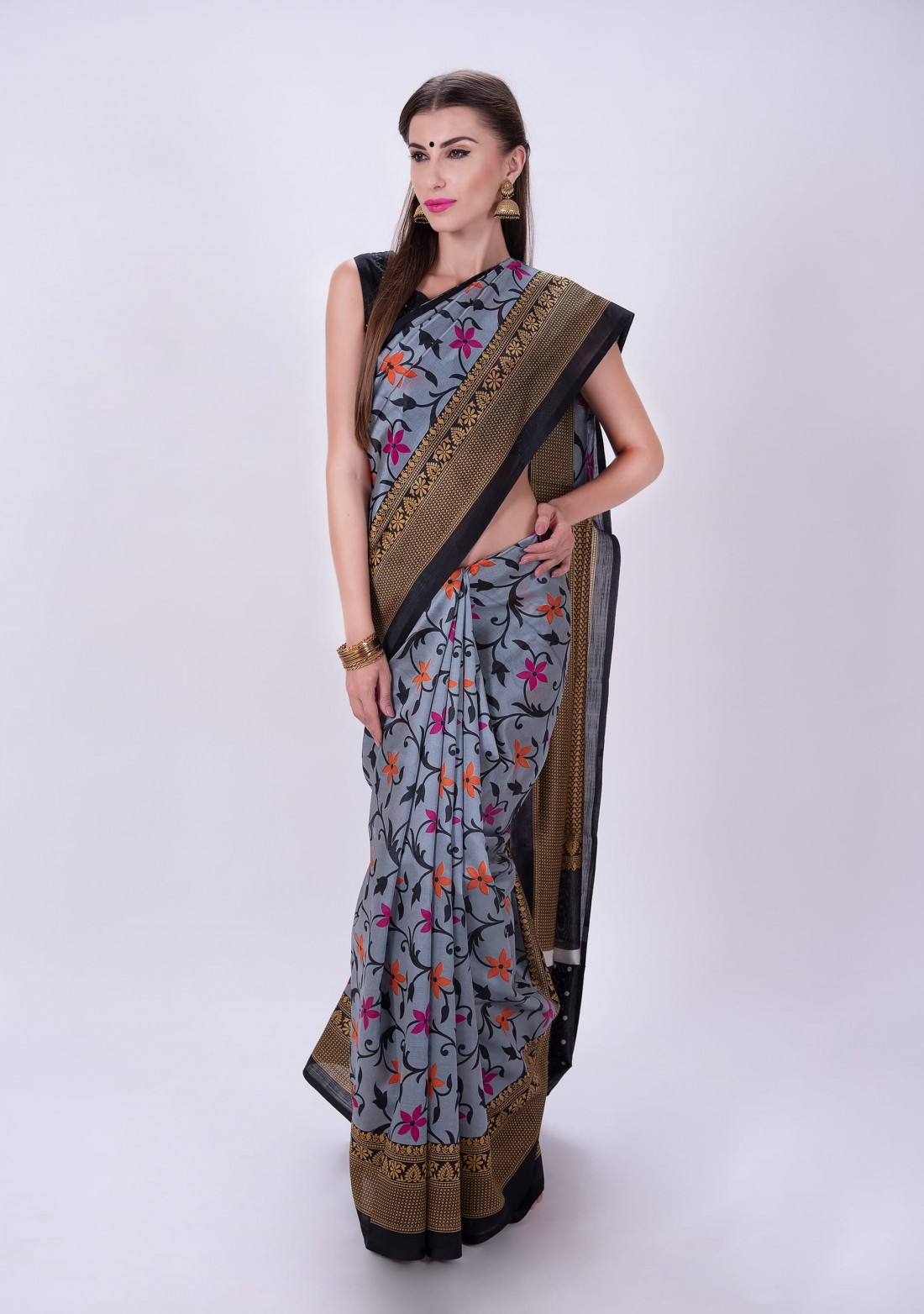 Multicolor Floral Printed Saree with Printed Blouse