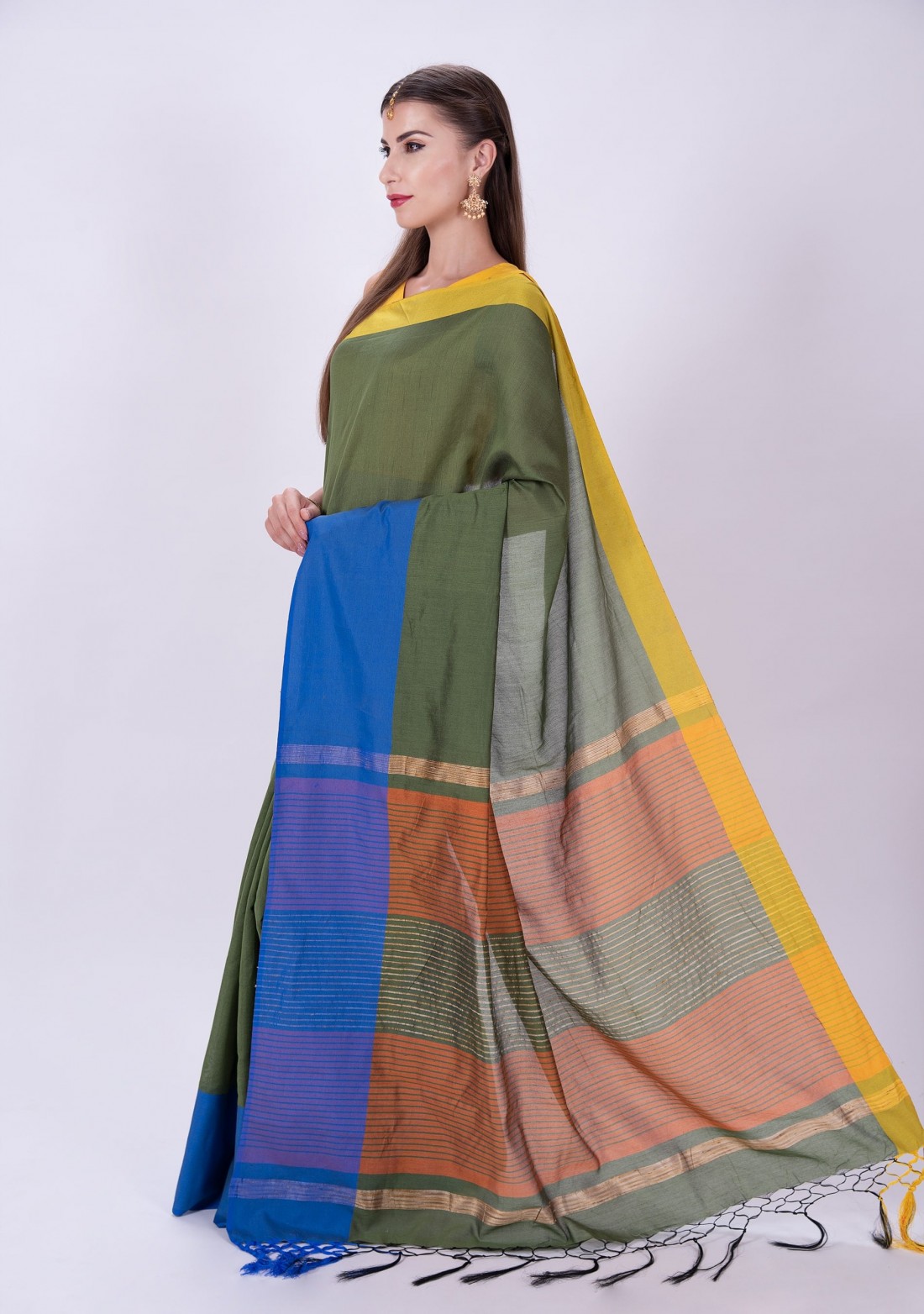 Olive Green Solid Saree