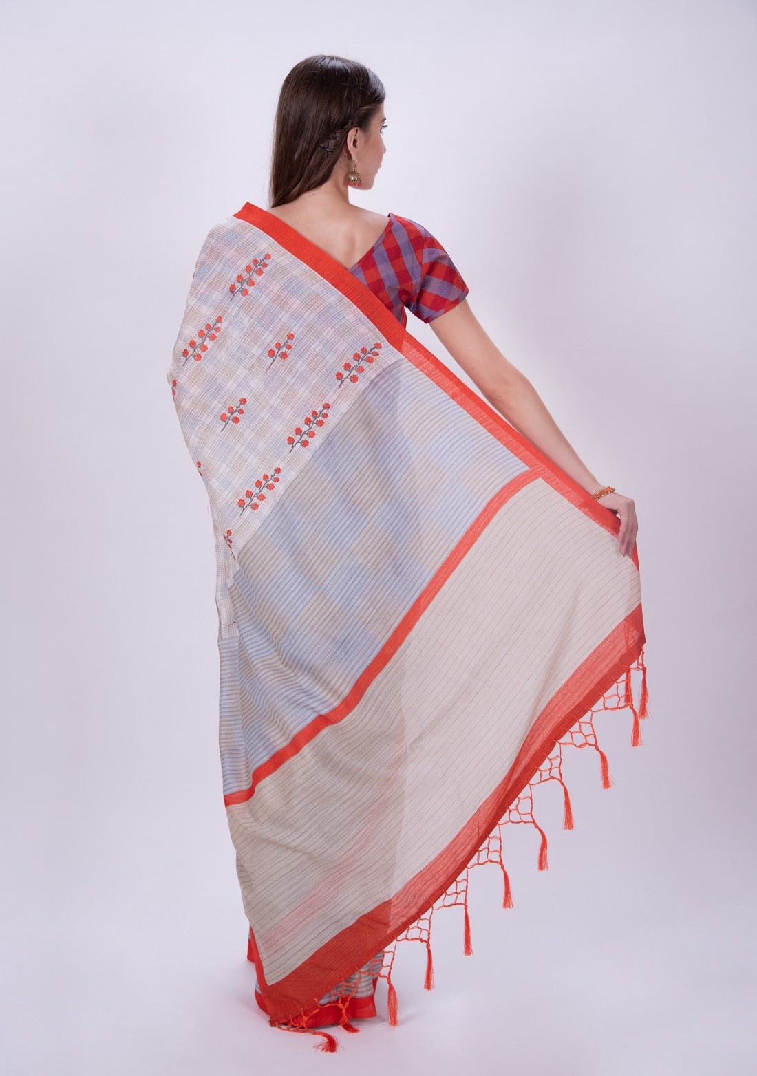 Grey Off White Embroidered Poly Silk Saree