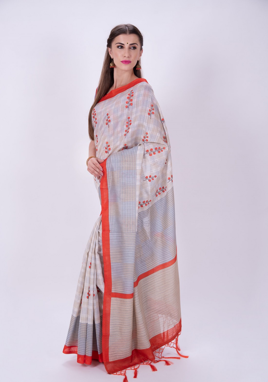 Grey Off White Embroidered Poly Silk Saree