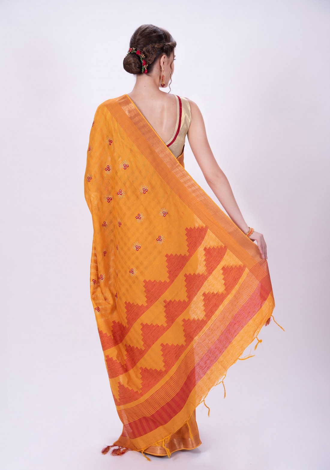 Red and Yellow Embroidered Cotton Silk Saree