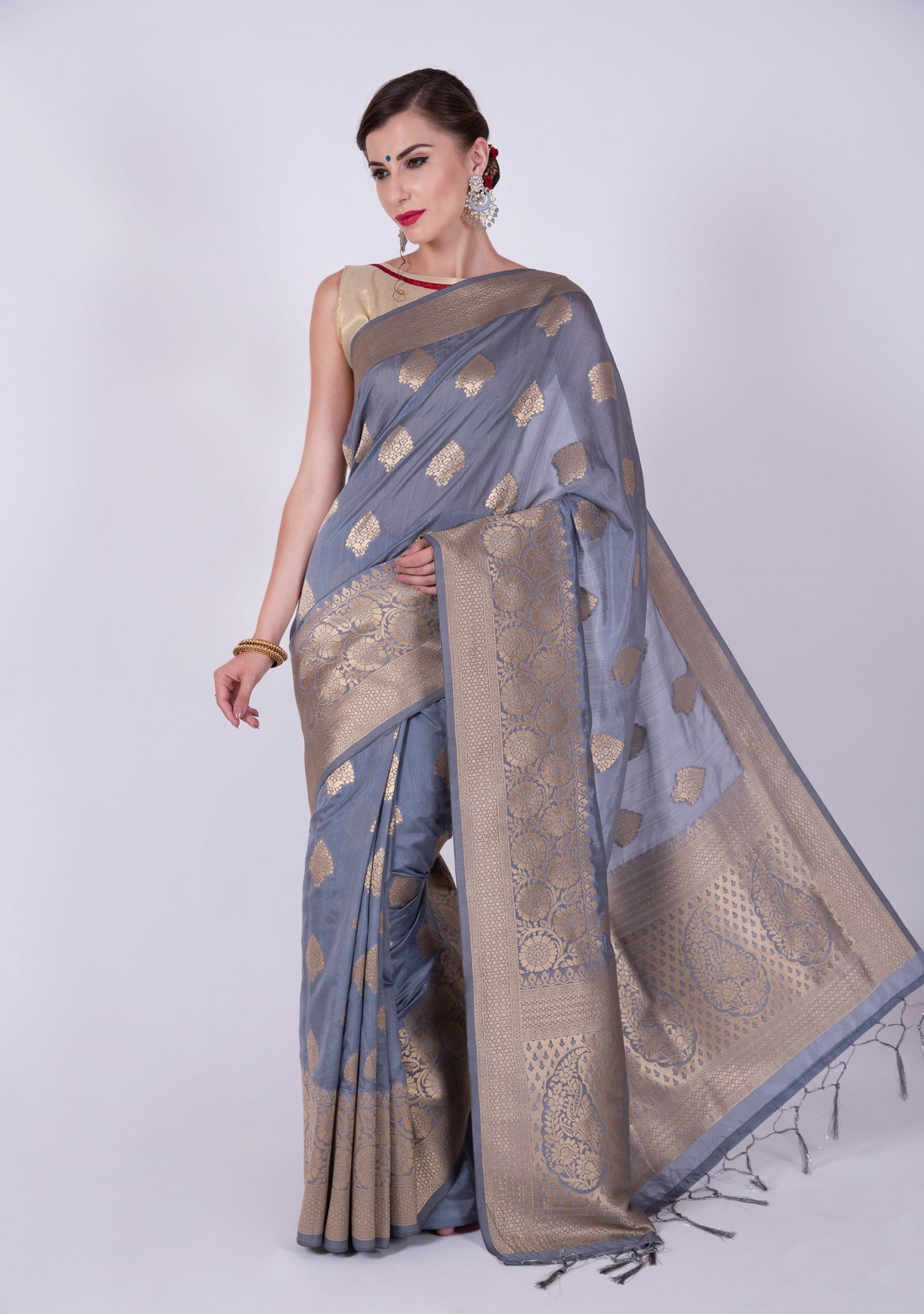 Designer Grey & Golden Banarasi Silk Saree