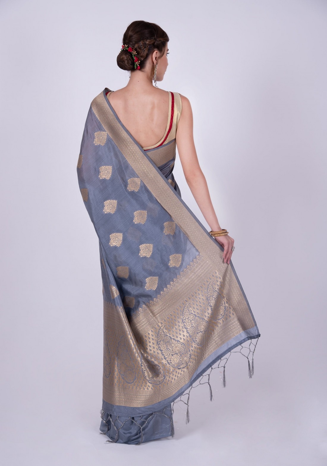Designer Grey & Golden Banarasi Silk Saree