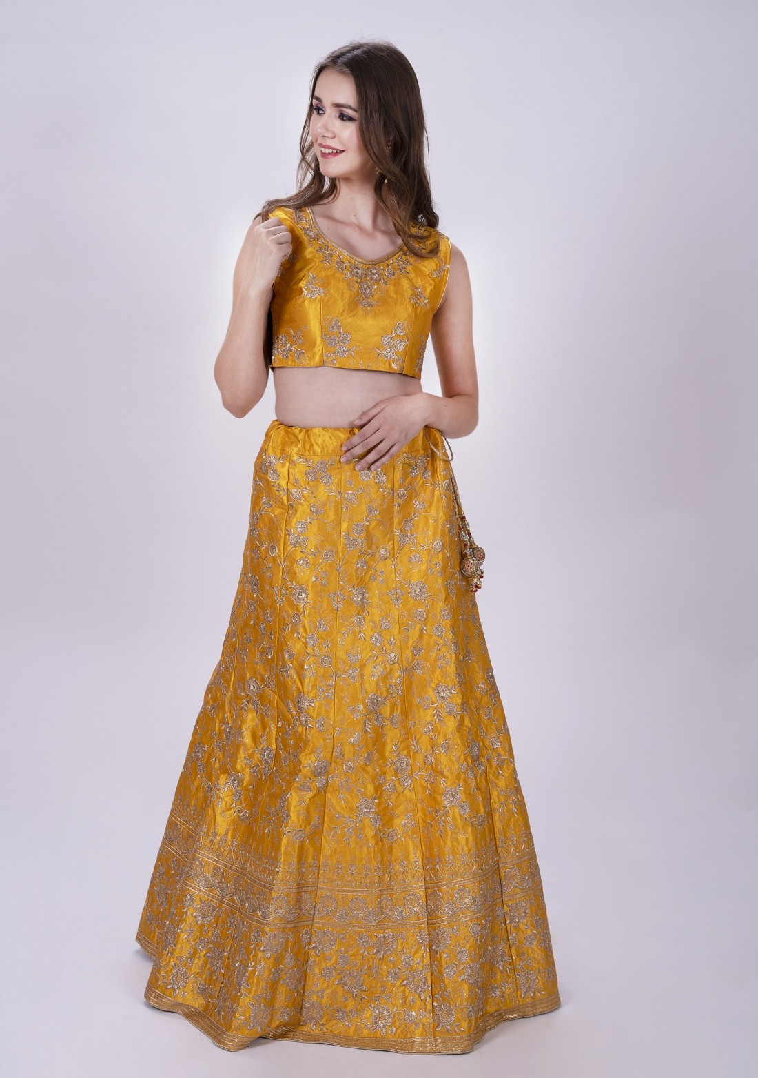 Yellow Embroidered Lehenga with Contrast Dupatta