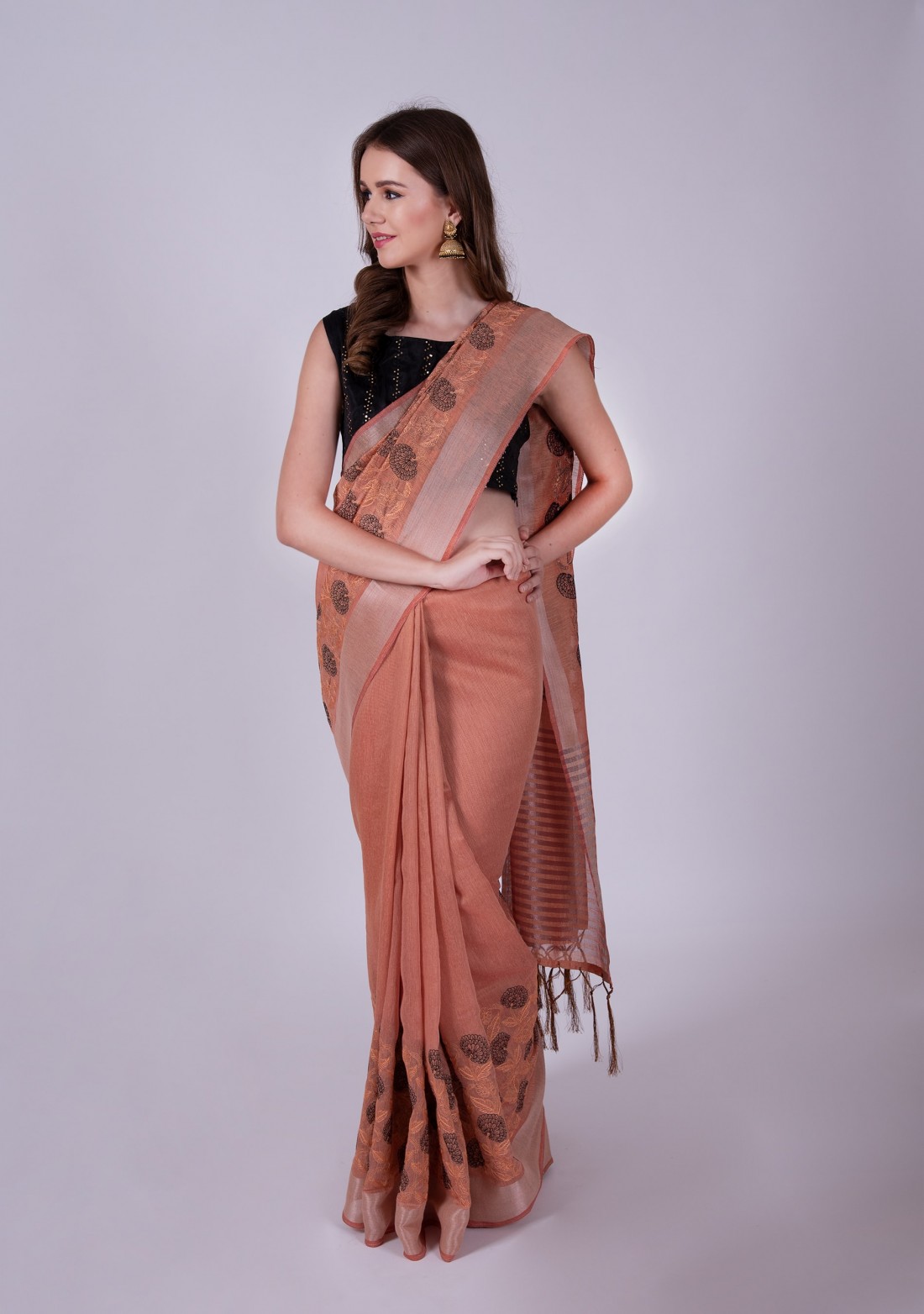 Rust Linen Saree With Embroidery & Silver Border
