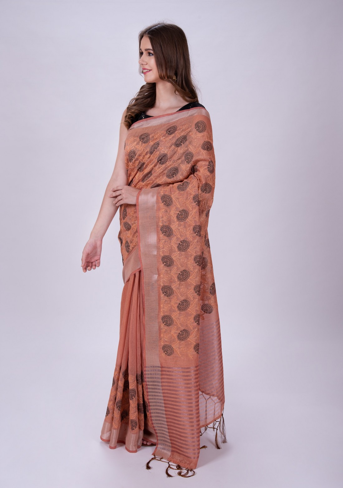 Rust Linen Saree With Embroidery & Silver Border