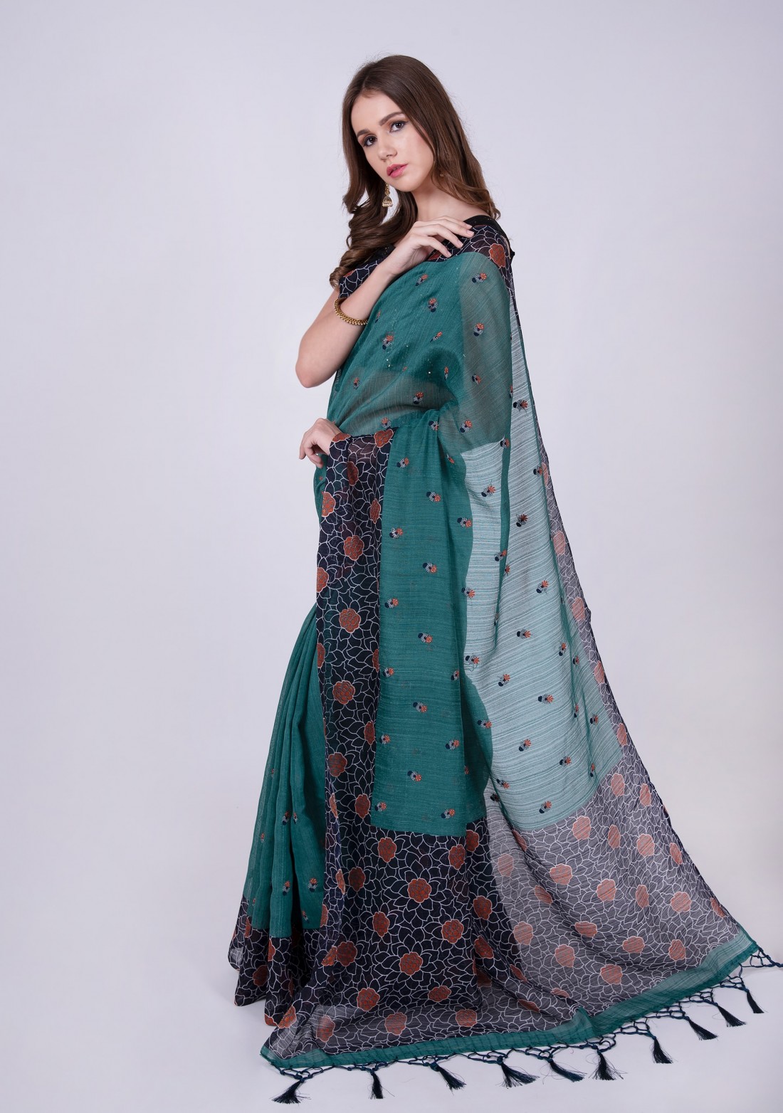 Turquoise Blue Poly Linen Saree