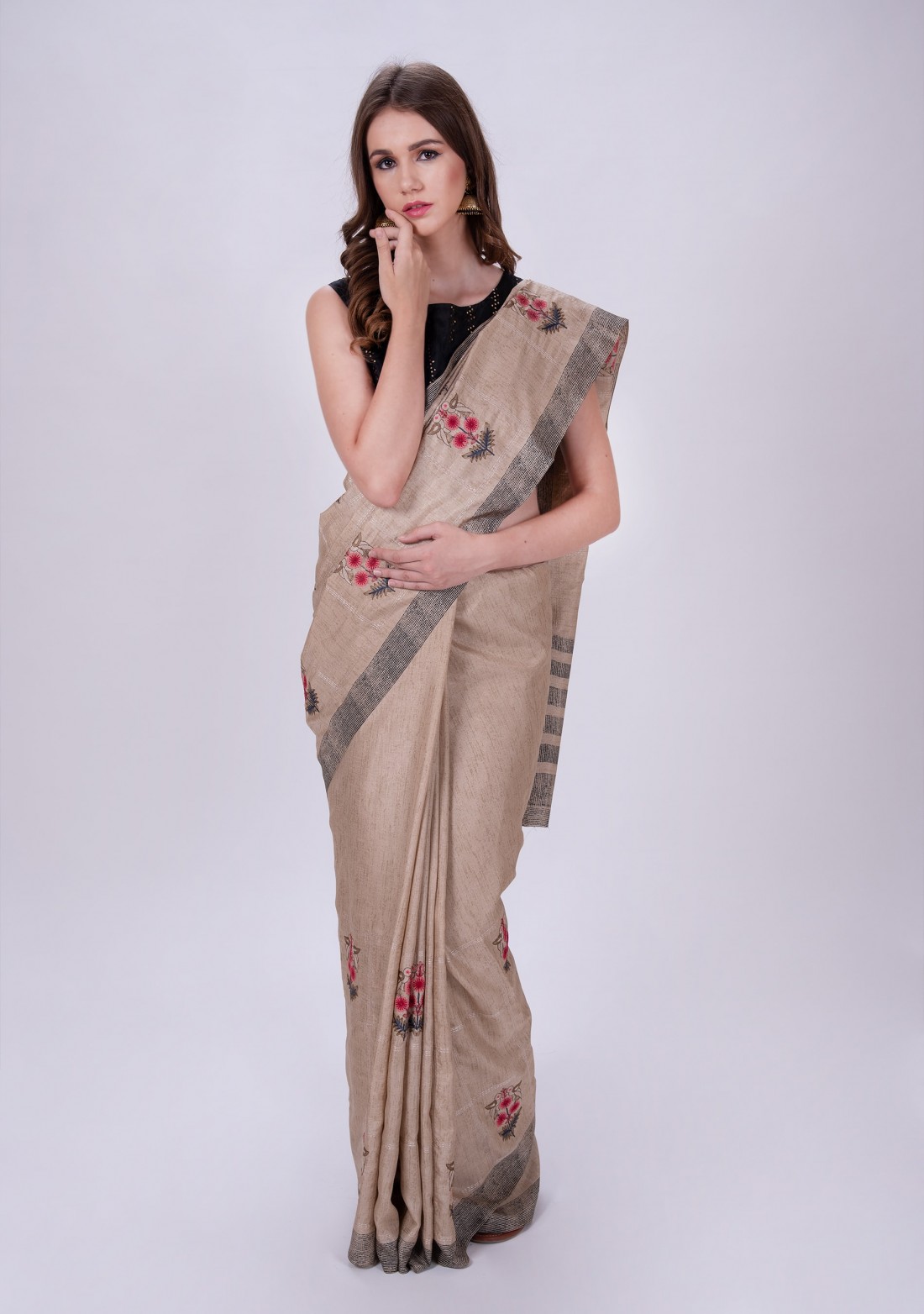 Beige Color Embroidered Saree