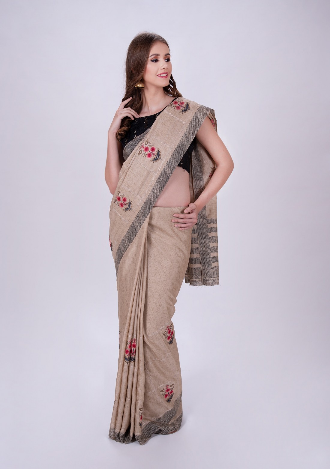 Beige Color Embroidered Saree