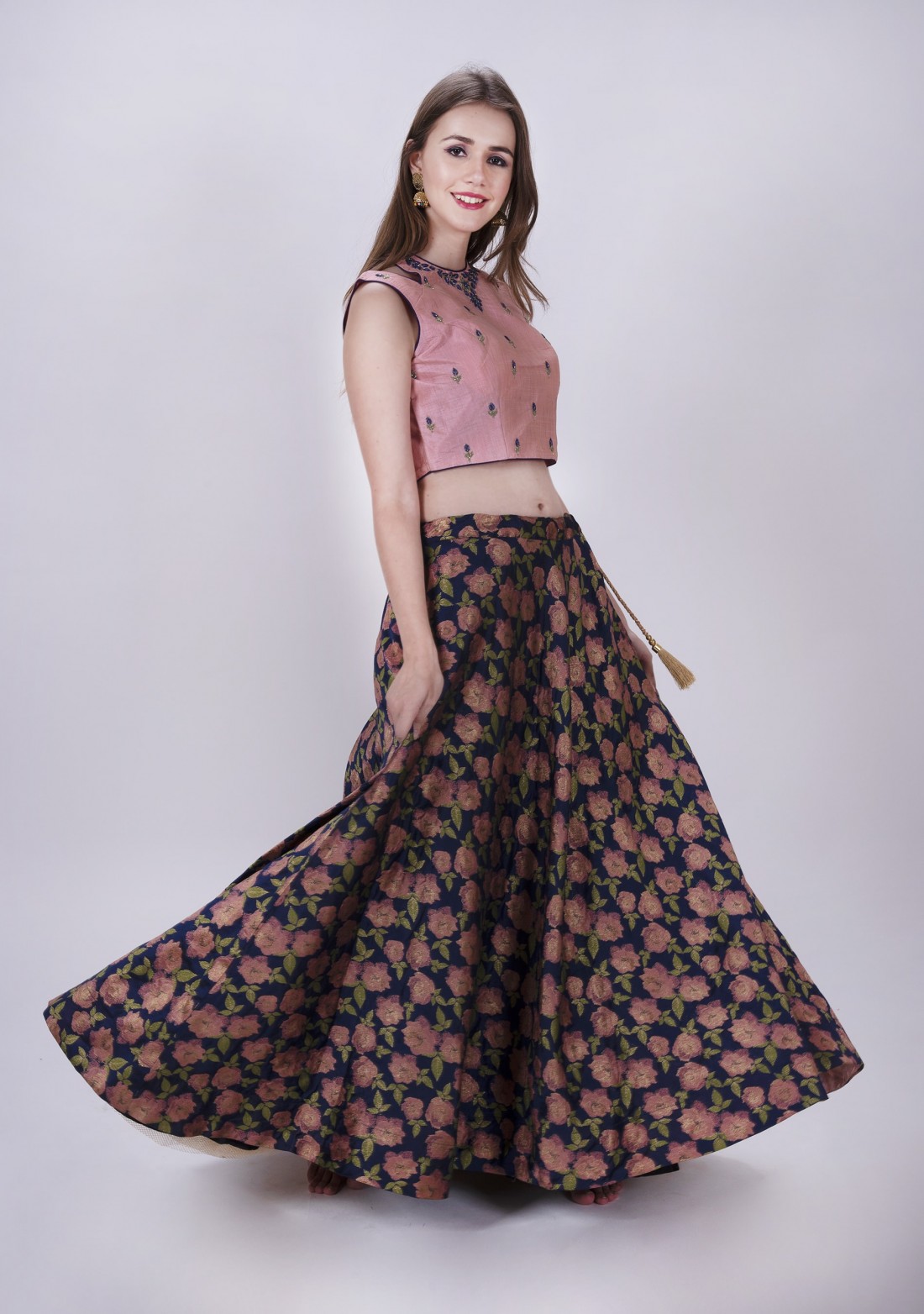 Multi-Colour Skirt with Crop Top and Dupatta