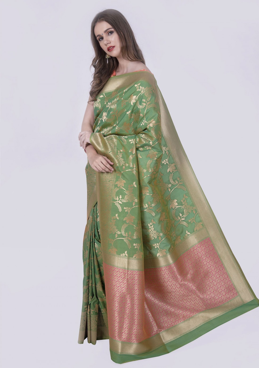 Parrot Green & Pink Woven Banarasi Silk Saree 