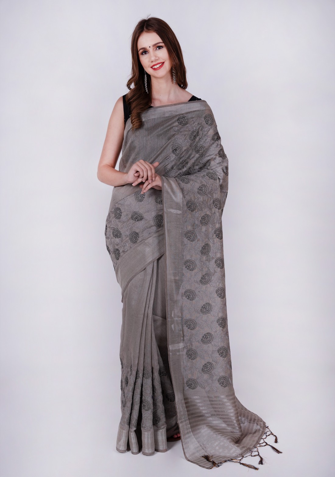 Grey Embroidered Linen Saree with Silver Woven Border