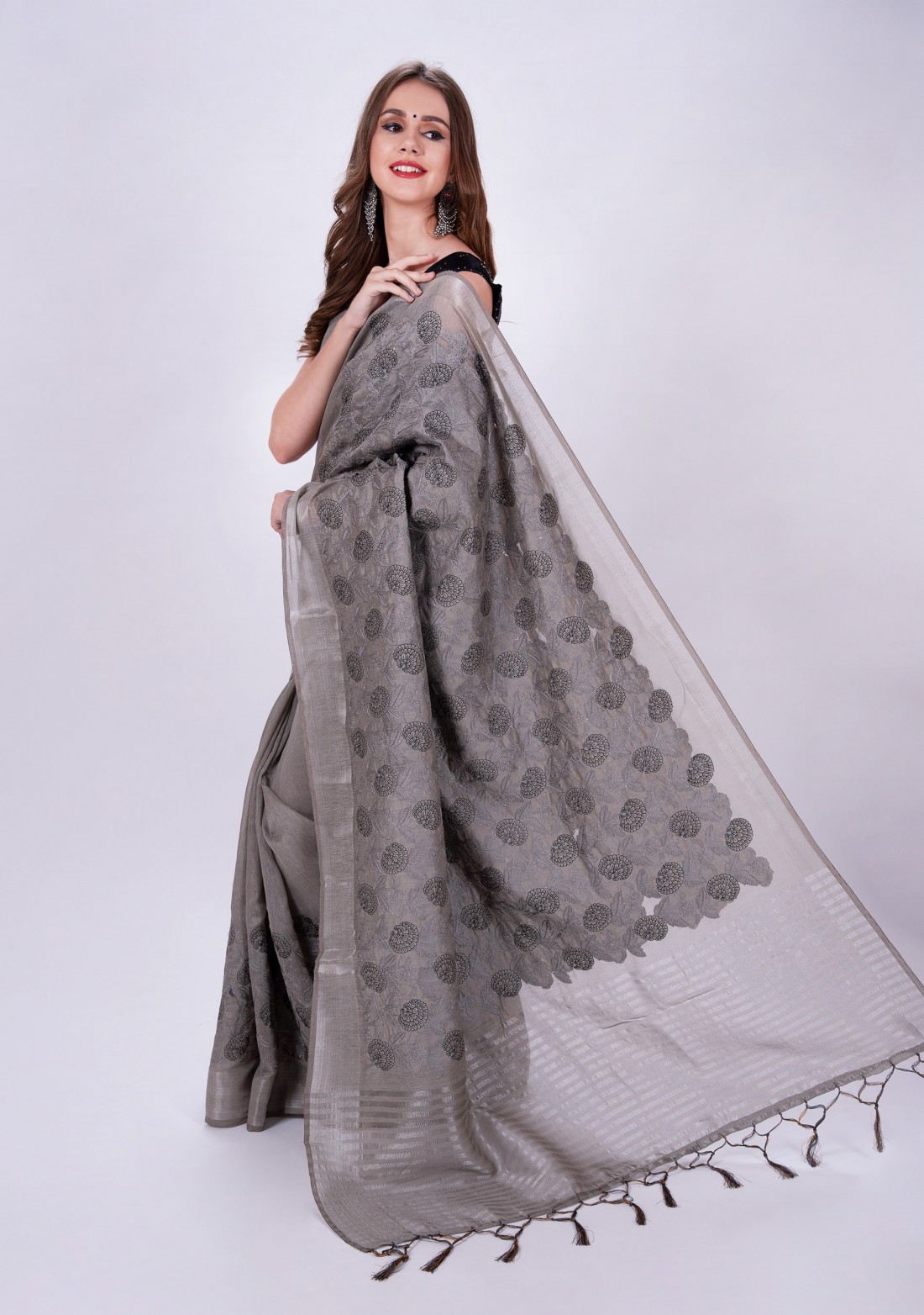 Grey Embroidered Linen Saree with Silver Woven Border