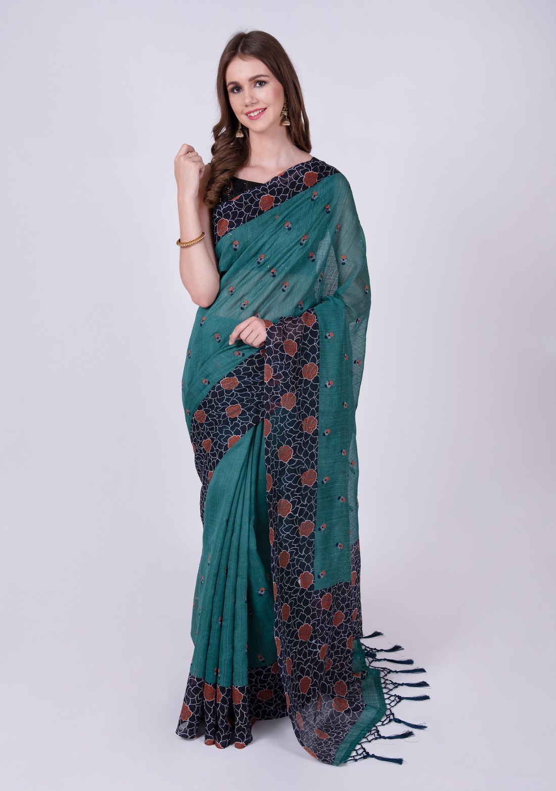 Turquoise Blue Poly Linen Saree