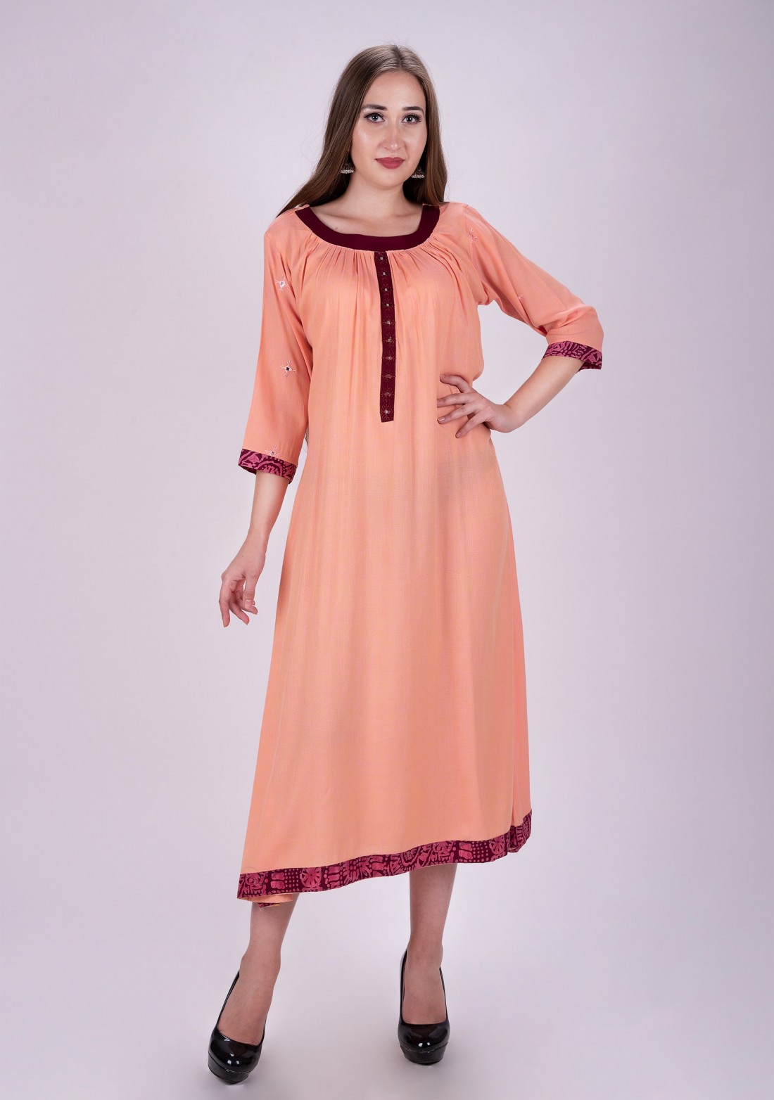 Rust Color Rayon Gathered Dress