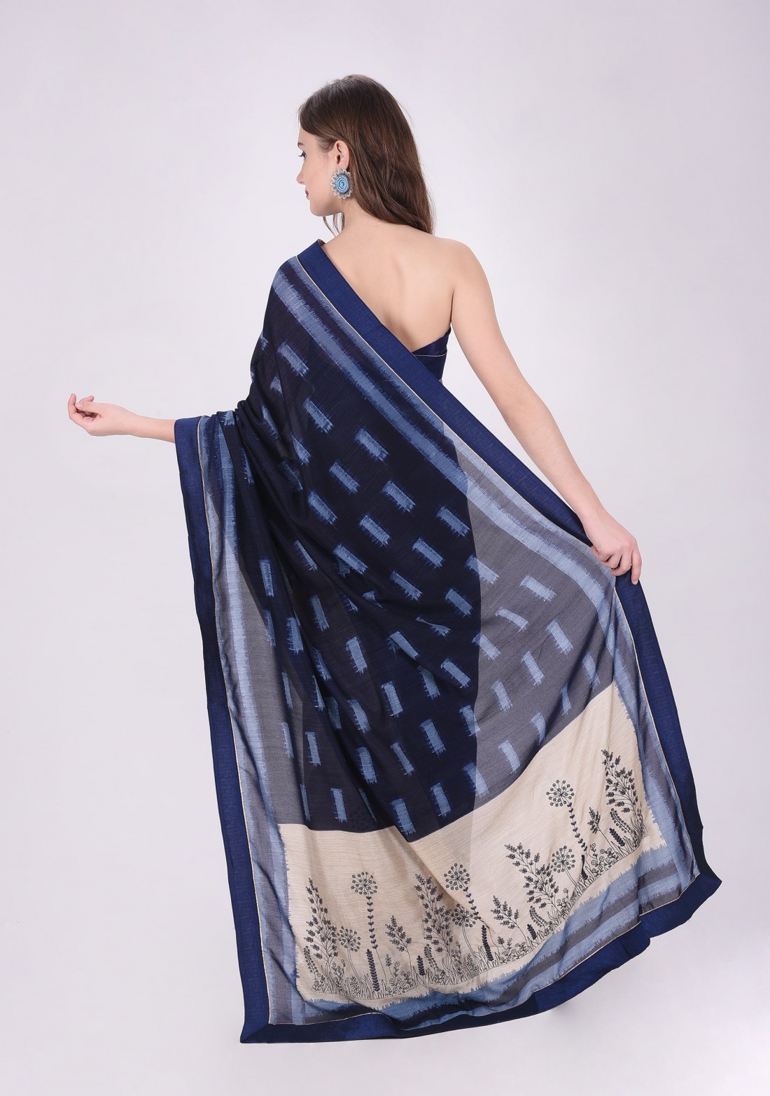 Beige and Deep Blue Embroidered Saree