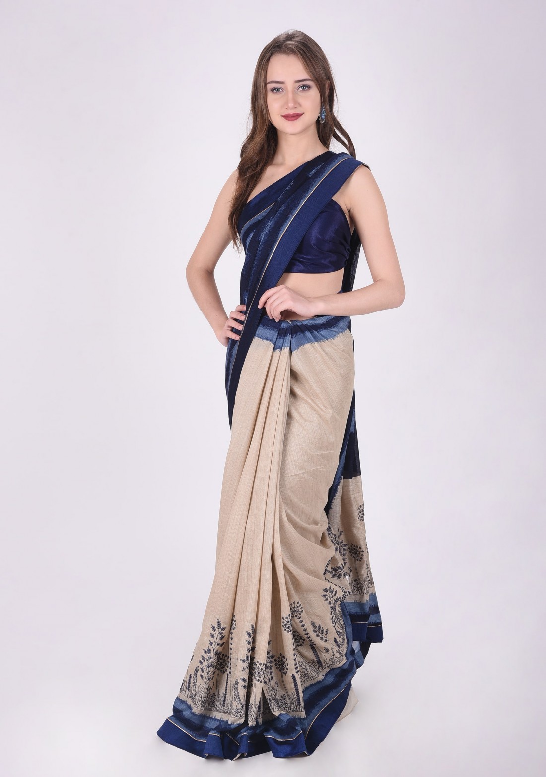 Beige and Deep Blue Embroidered Saree