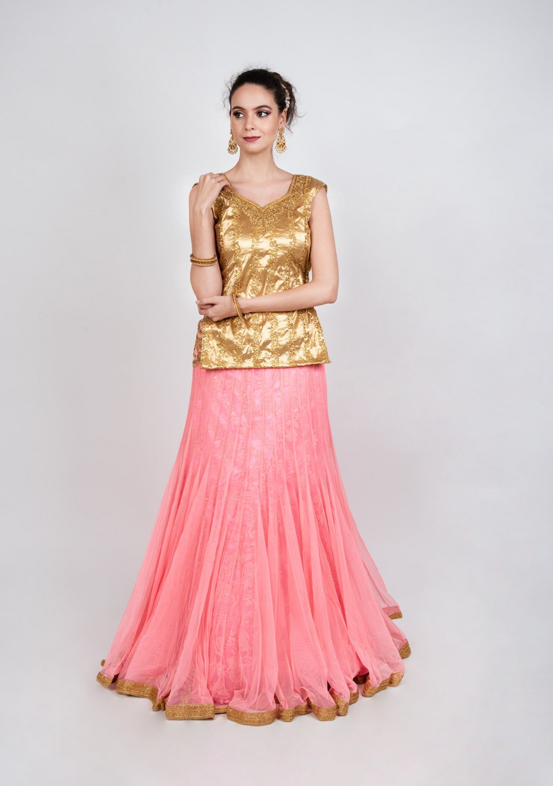 Light Pink & Golden Flared Party Wear Lehenga Set