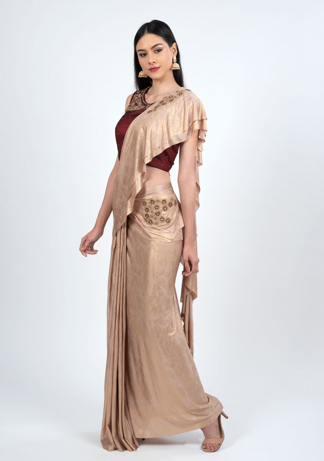 Beige and Maroon Readymade Ruffled Saree with Blouse