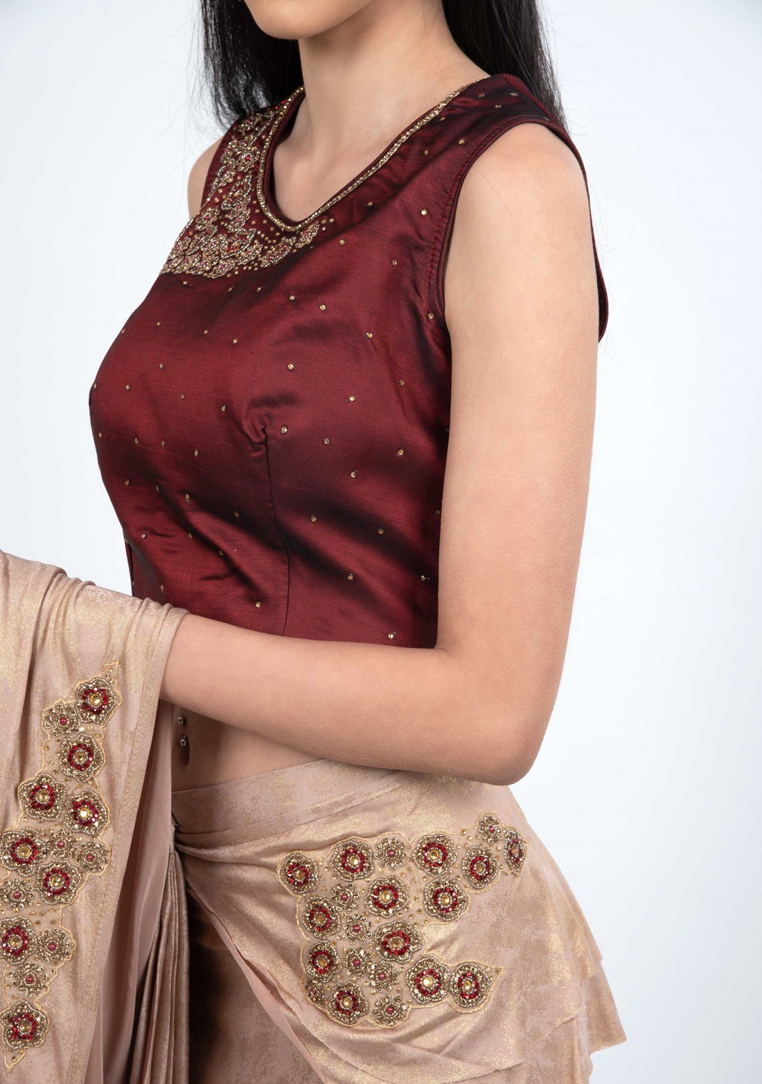 Beige and Maroon Readymade Ruffled Saree with Blouse