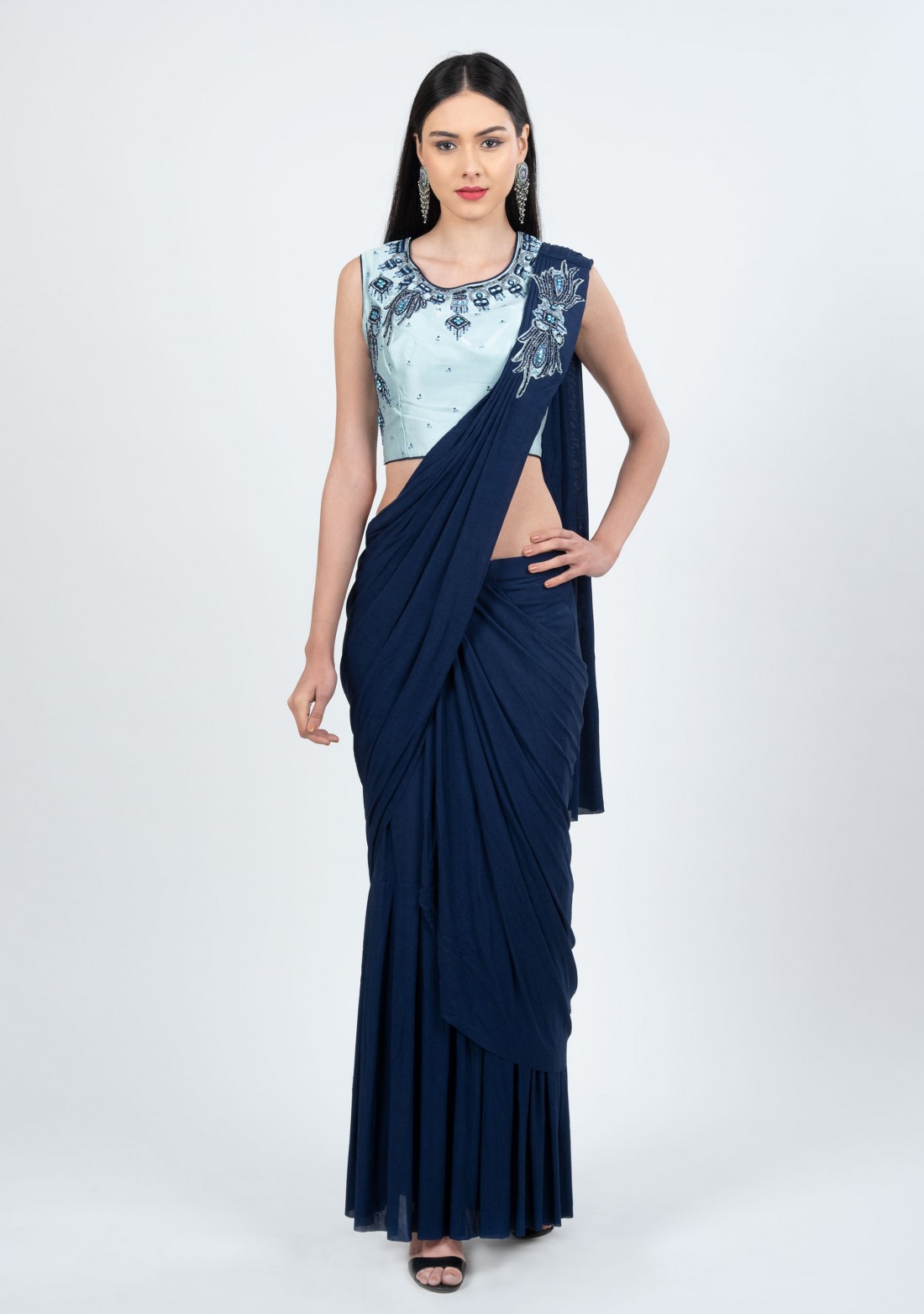 Bright Navy Blue Readymade Saree with Blouse