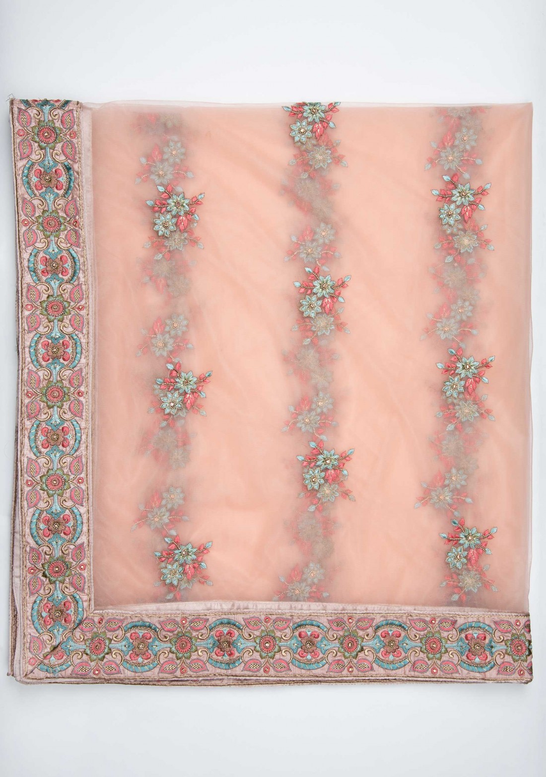 Peach Color Embroidered Silk Semi-Stitched Lehenga Set