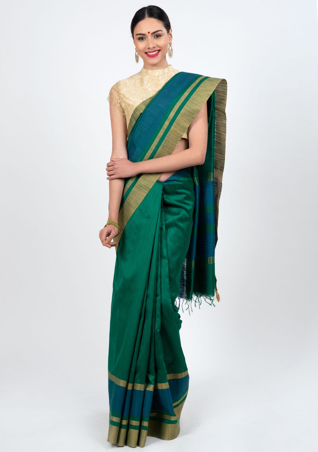 Green Silk Saree with Blue Border