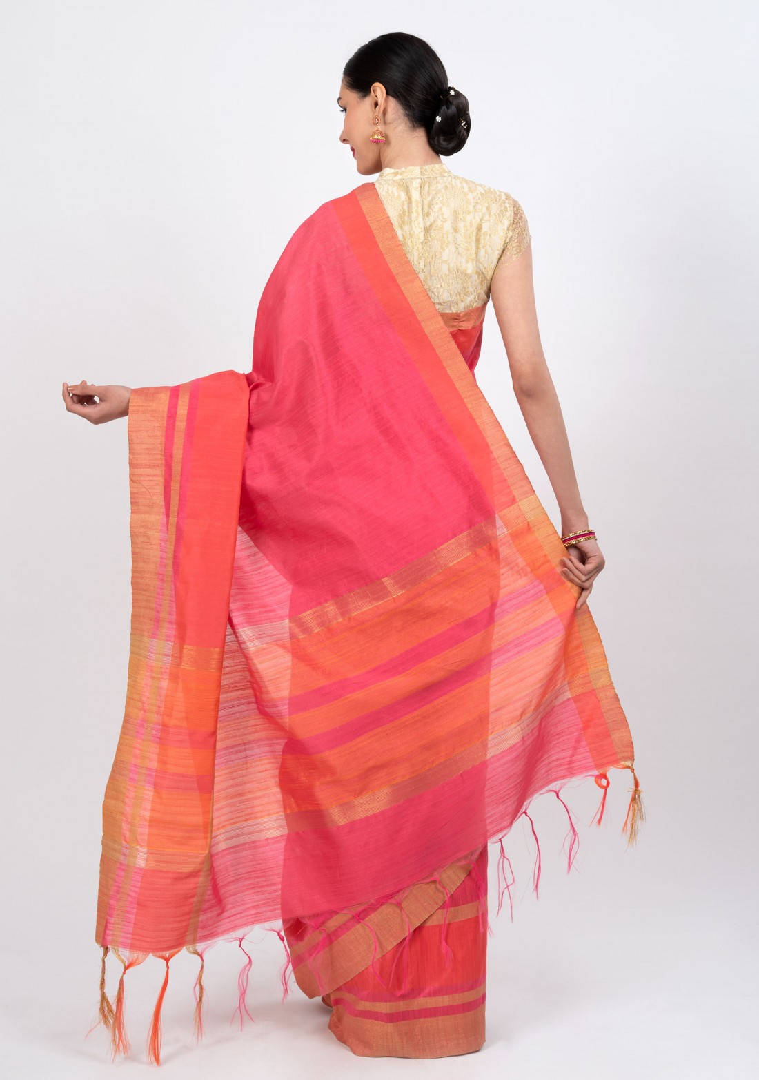 Light Pink Silk Saree with Orange Border