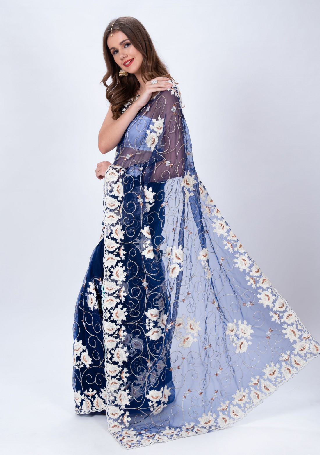 Navy Blue Embroidered Saree