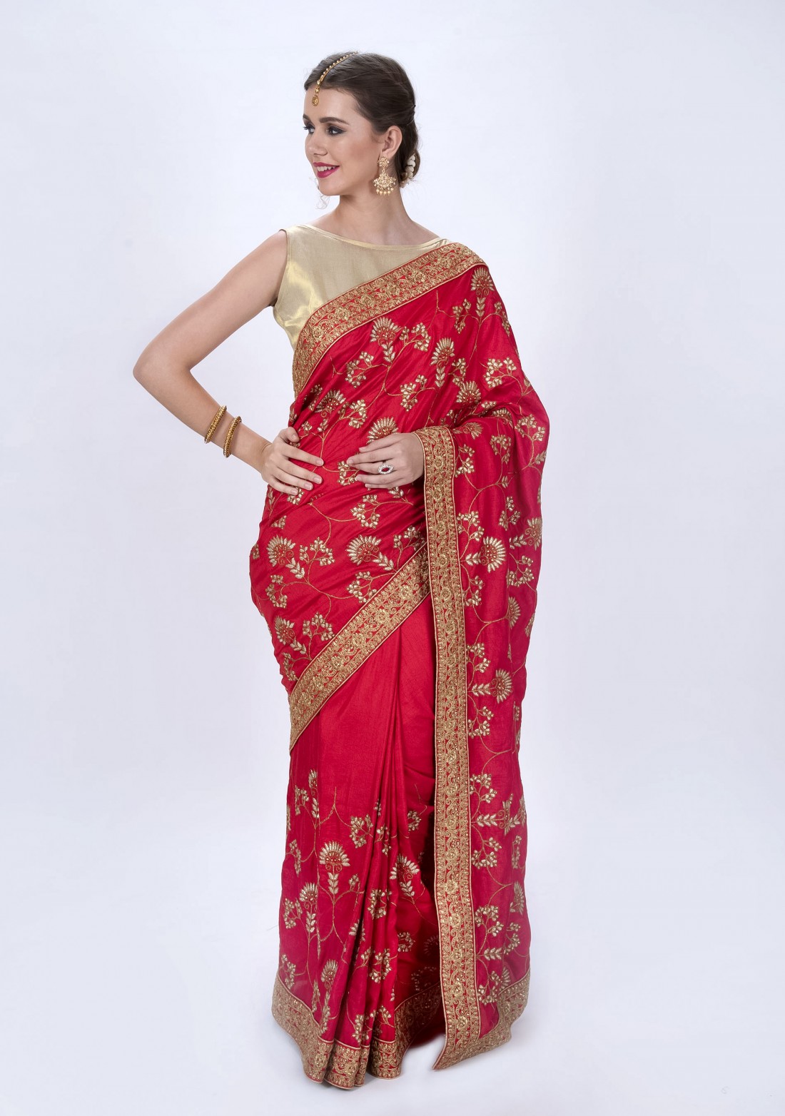Red Saree In Satin Georgette With Embroidery Work
