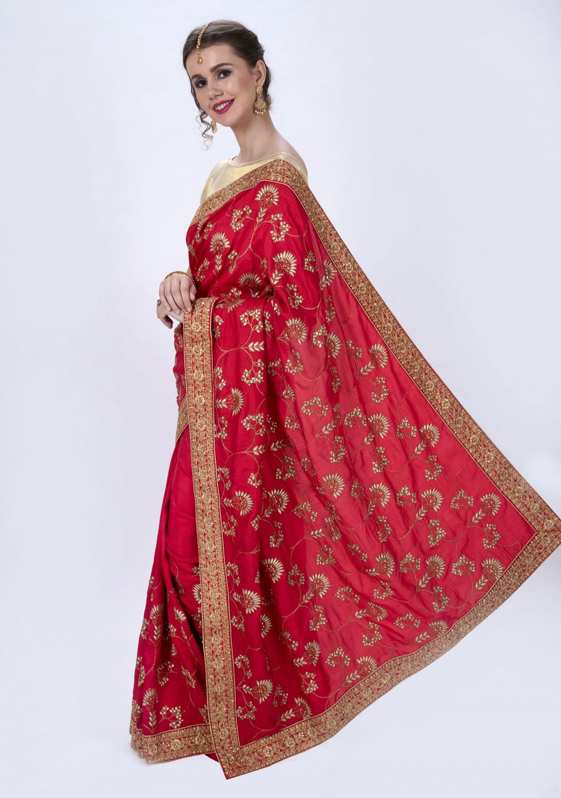 Red Saree In Satin Georgette With Embroidery Work