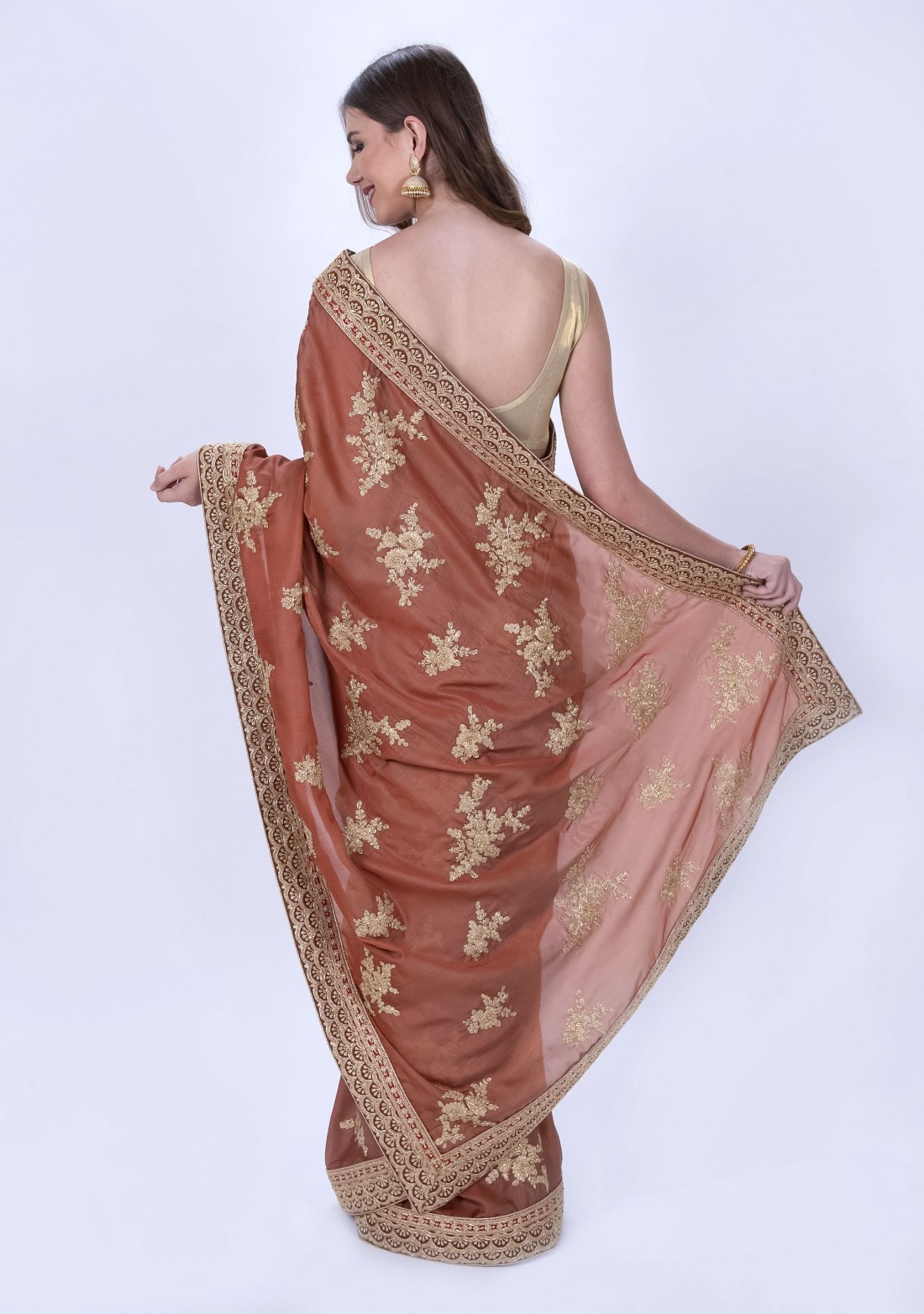 Tawny Brown Textured Satin Silk Embroidered Saree