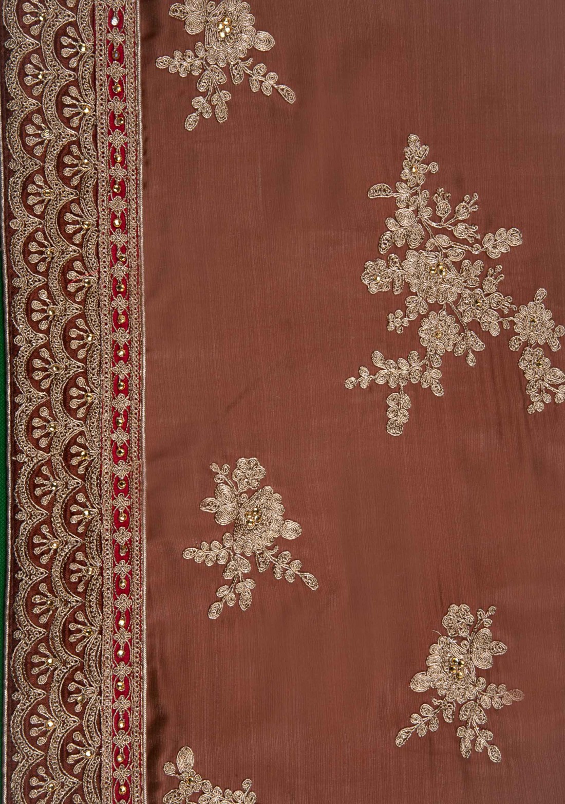 Tawny Brown Textured Satin Silk Embroidered Saree