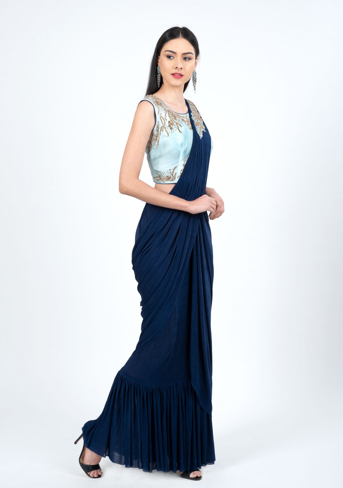 Blue Solid Readymade Saree with Blouse