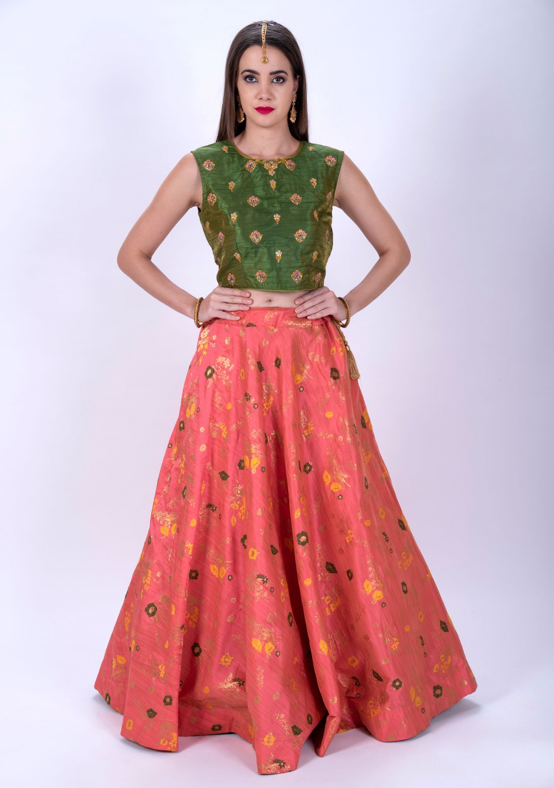 Coral Skirt Paired With Crop Top and Dupatta