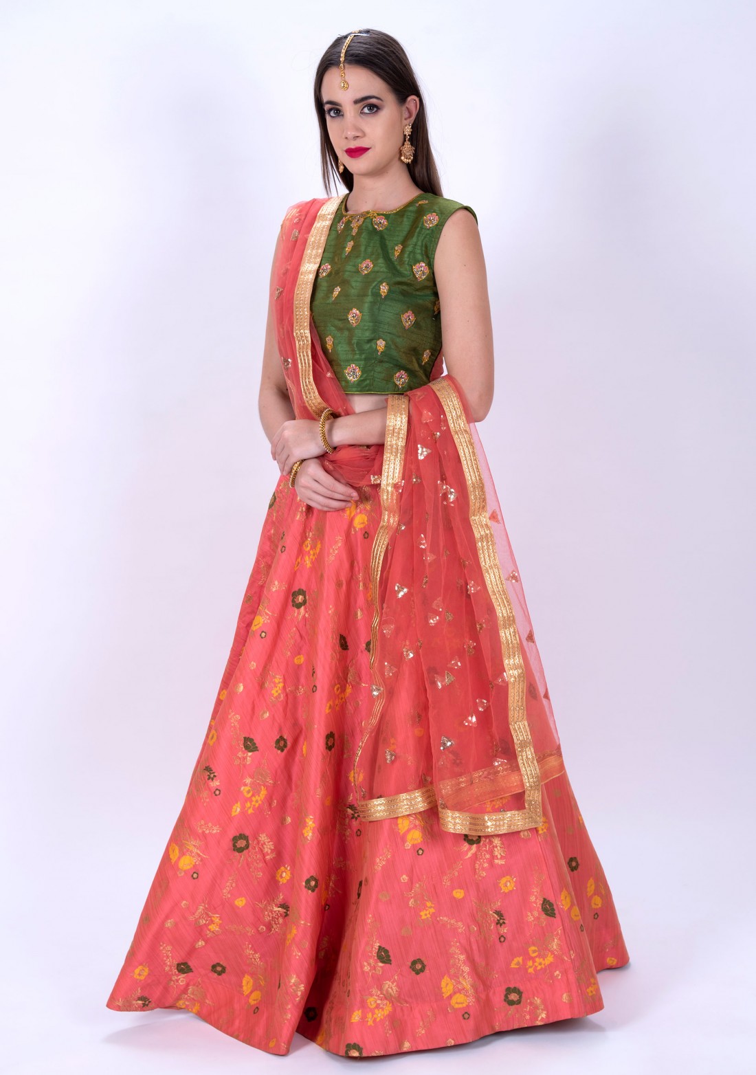 Coral Skirt Paired With Crop Top and Dupatta