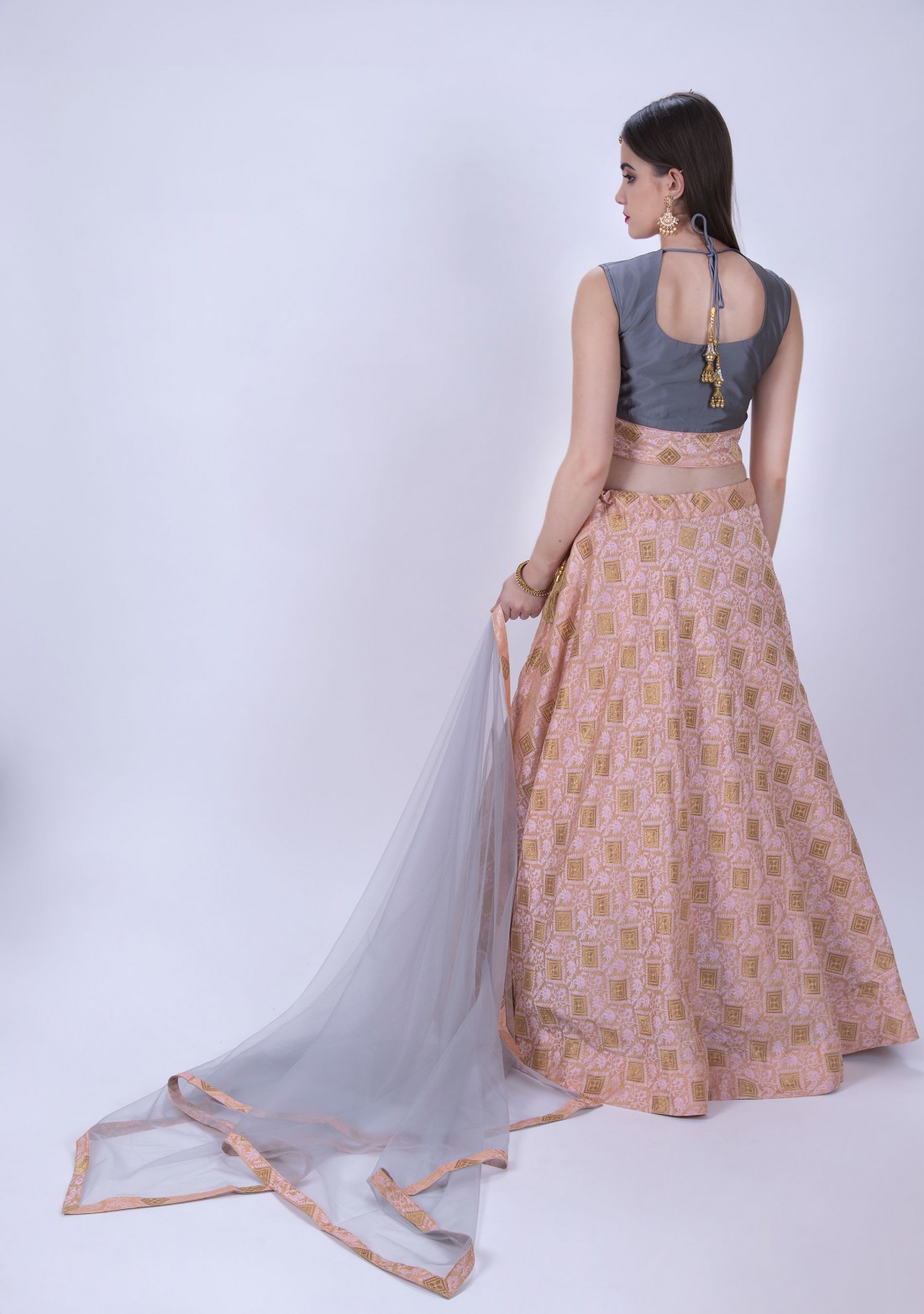 Peach Pink & Grey Colour Circular Skirt Paired With Crop Top And Dupatta