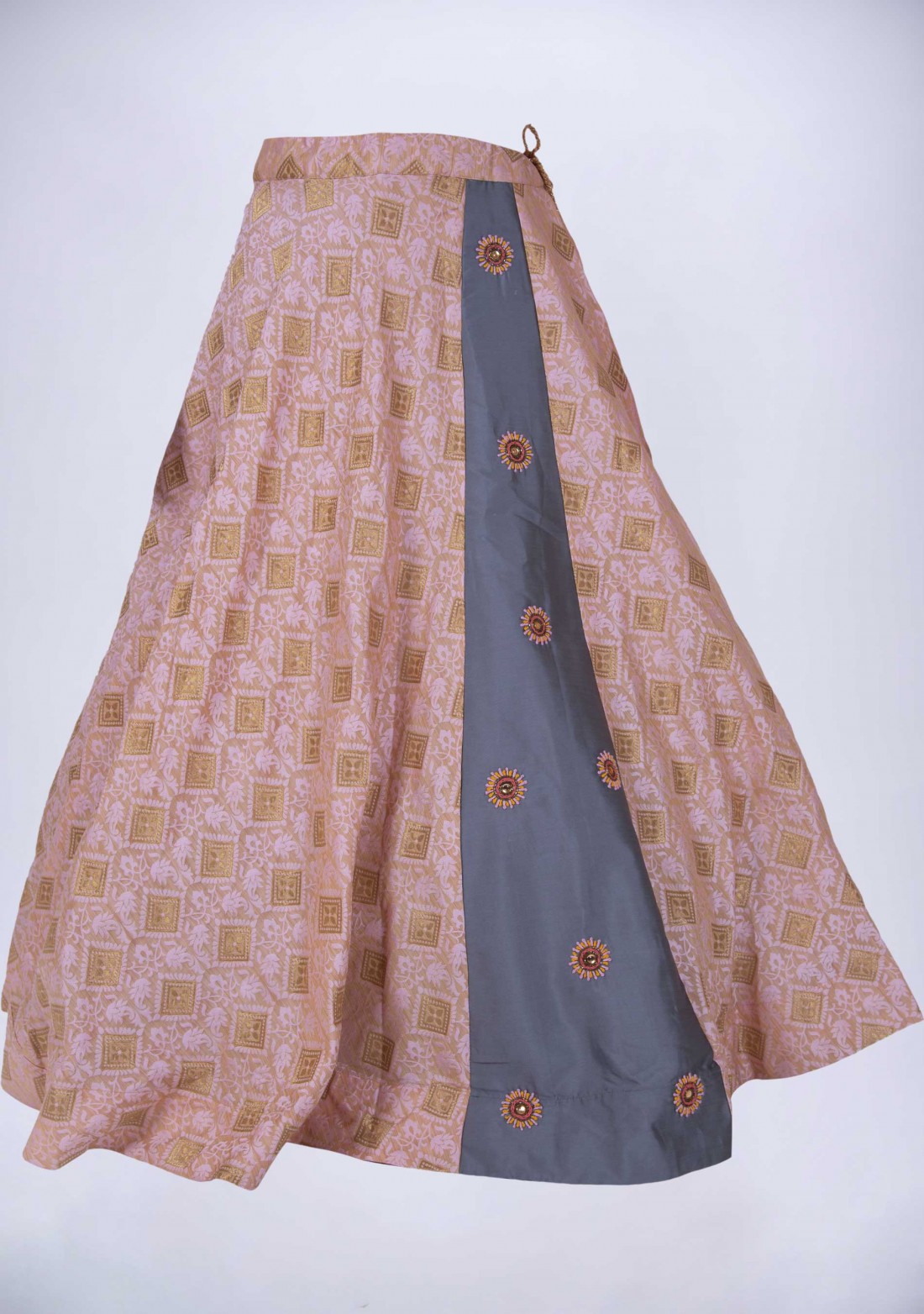 Peach Pink & Grey Colour Circular Skirt Paired With Crop Top And Dupatta