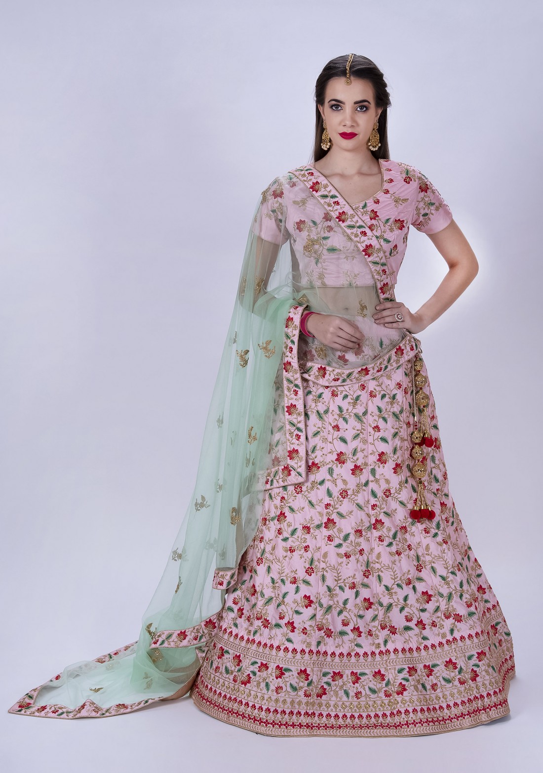 Blush Pink Embroidered Lehenga With Contrast Dupatta