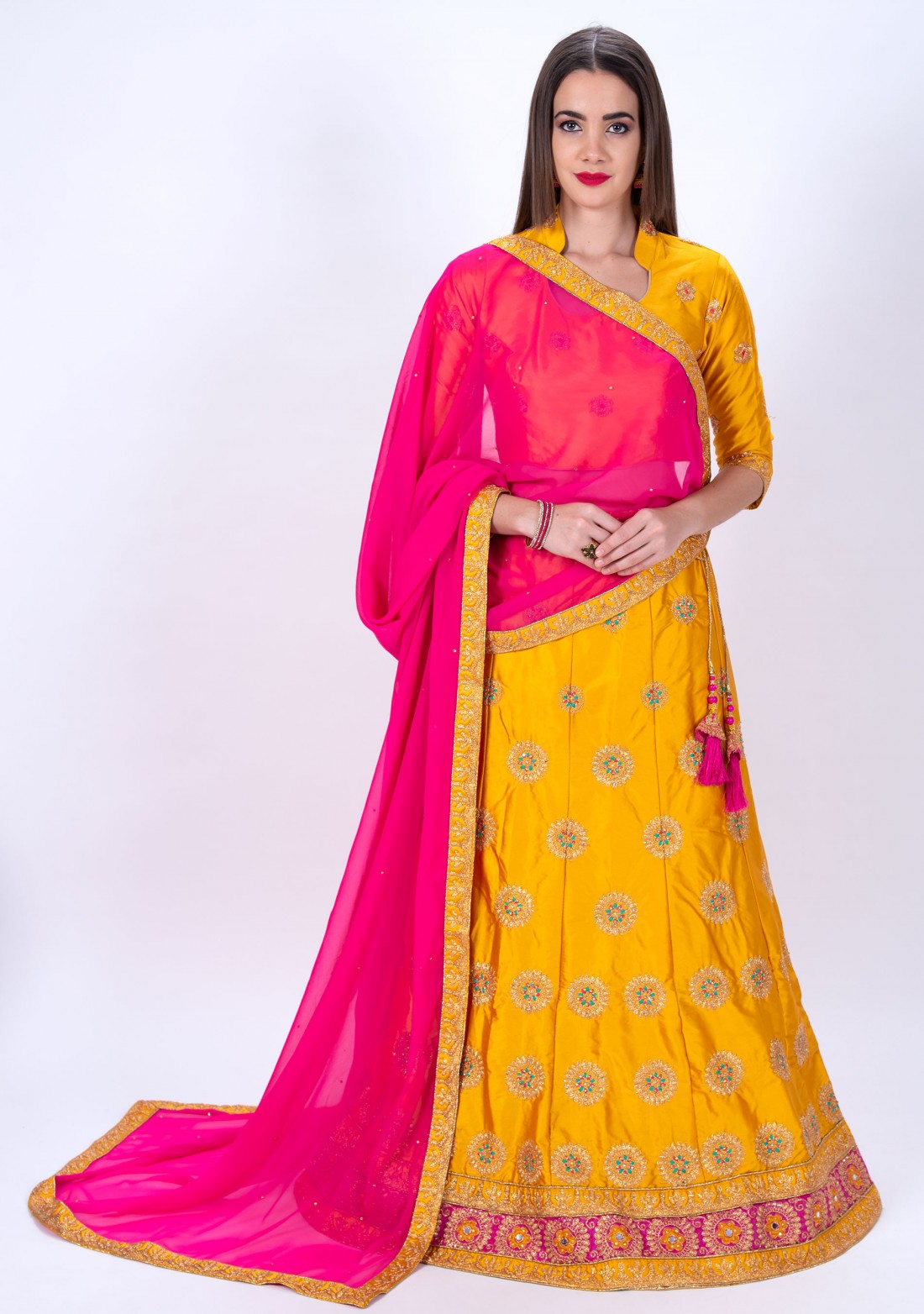 Yellow Colour Satin Silk Lehenga Pair With Contrast Dupatta